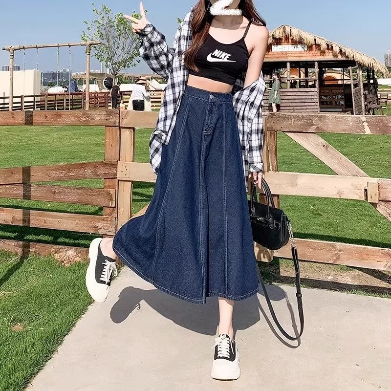 Skirt Women's Long Skirt 2023 New Summer Mid-length Denim Skirt Pleated High Waist Skirt A- line Umbrella Skirt