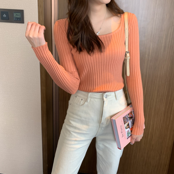 2023 Square Neck Sweater Women's Pullover Autumn and Winter New Korean Style Slim Top Knitted Solid Color Long Sleeve Tight Bottoming Shirt