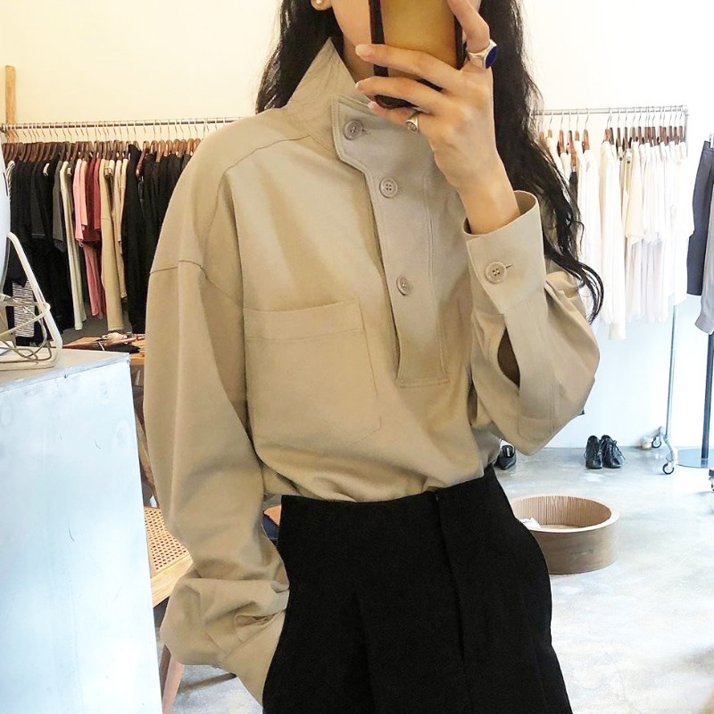 Spring 2021 New Popular Design Vertical Collar Oblique Buckle Loose Solid Color Casual All-match Long Sleeve Shirt Top for Women