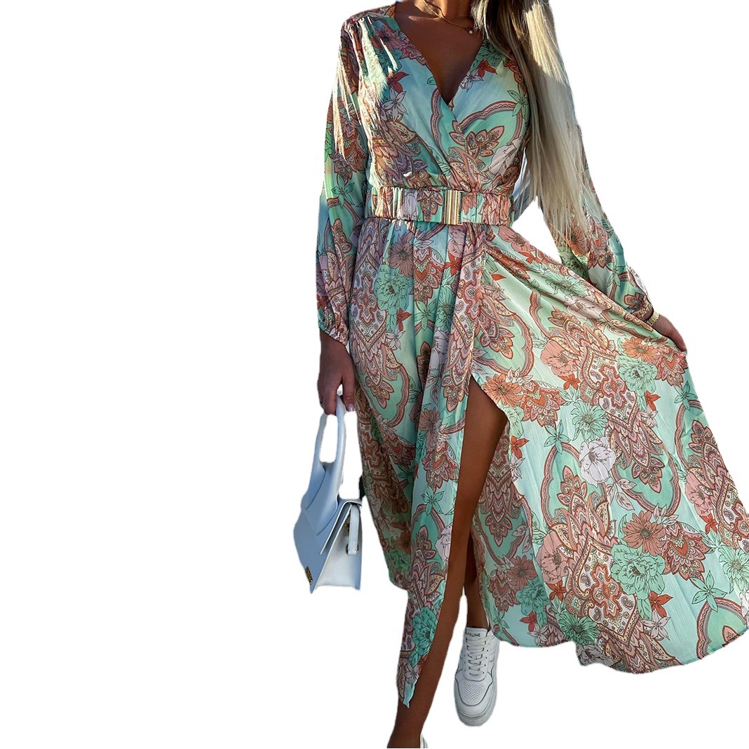 2025 spring and autumn Europe and the United States cross-border new printed V-neck long sleeve split slim dress foreign trade supply