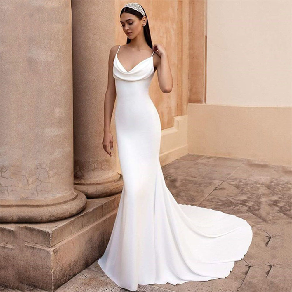 Light Luxury White Fishtail Wedding Dress Simple Pleated Thin Shoulder Strap Long Dress Slim-fit Backless Tail Banquet Dress