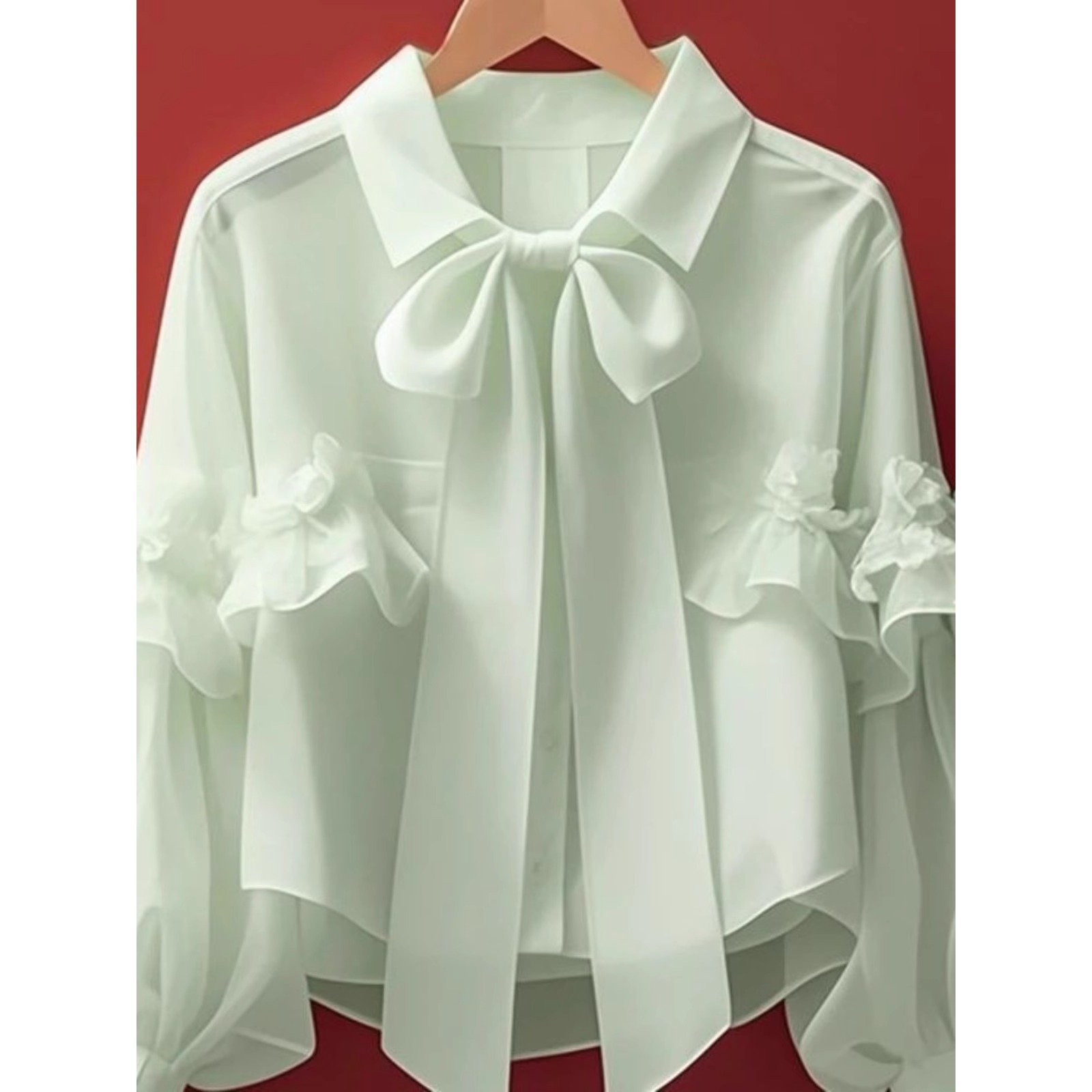 Picture of New Tops for Women 2025 Early Autumn Vintage French Unique Beautiful Green Bow Long-Sleeved Shirt A2918