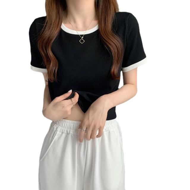 Picture of Contrast Color Round Neck Short Sleeve T-Shirt Women's 2025 New Summer Base Shirt Korean Style Slim Fit Short Student Top Trendy