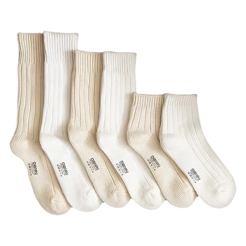 Thick Line Socks Women's Mid-tube Socks Original Embryo Cotton Vintage Knitted Stacked Socks White Couple's Japanese Style Autumn and Winter Ins Stockings