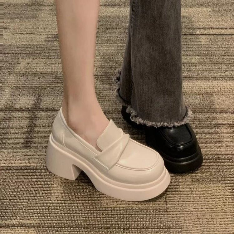 Thick-soled leather shoes women's spring 2024 new muffin French retro British style loafers one-step single-layer shoes