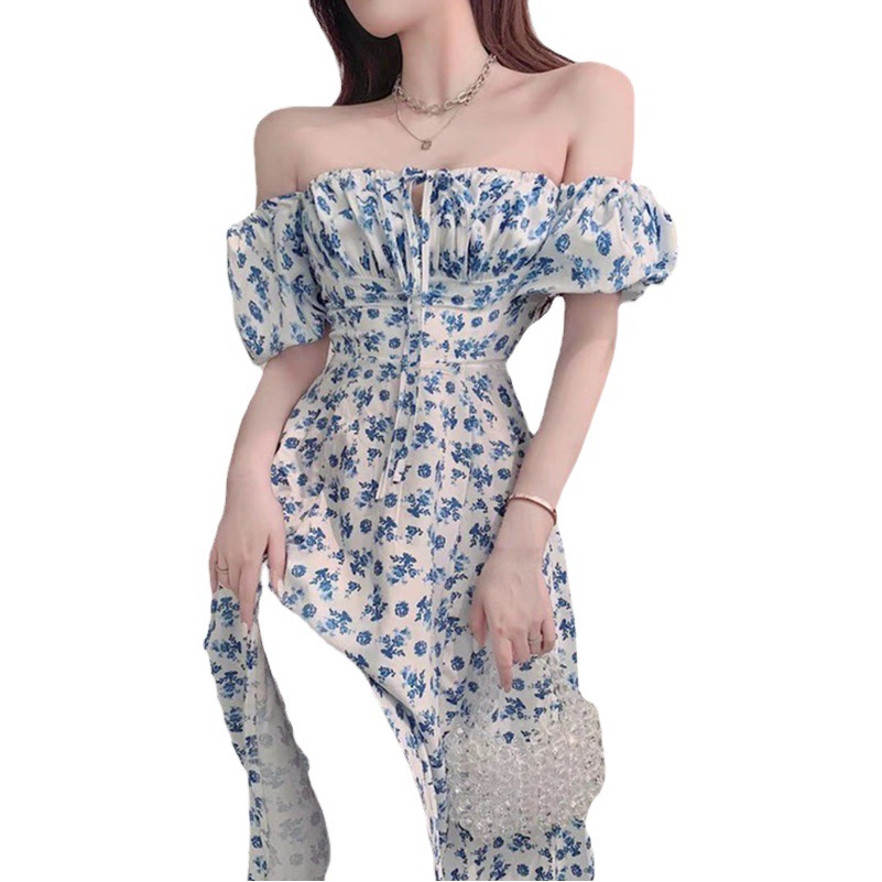 Blue Floral Dress Women's Summer Long Split Long Dress Elegant Design Clavicle Off-shoulder Tea Break French Dress
