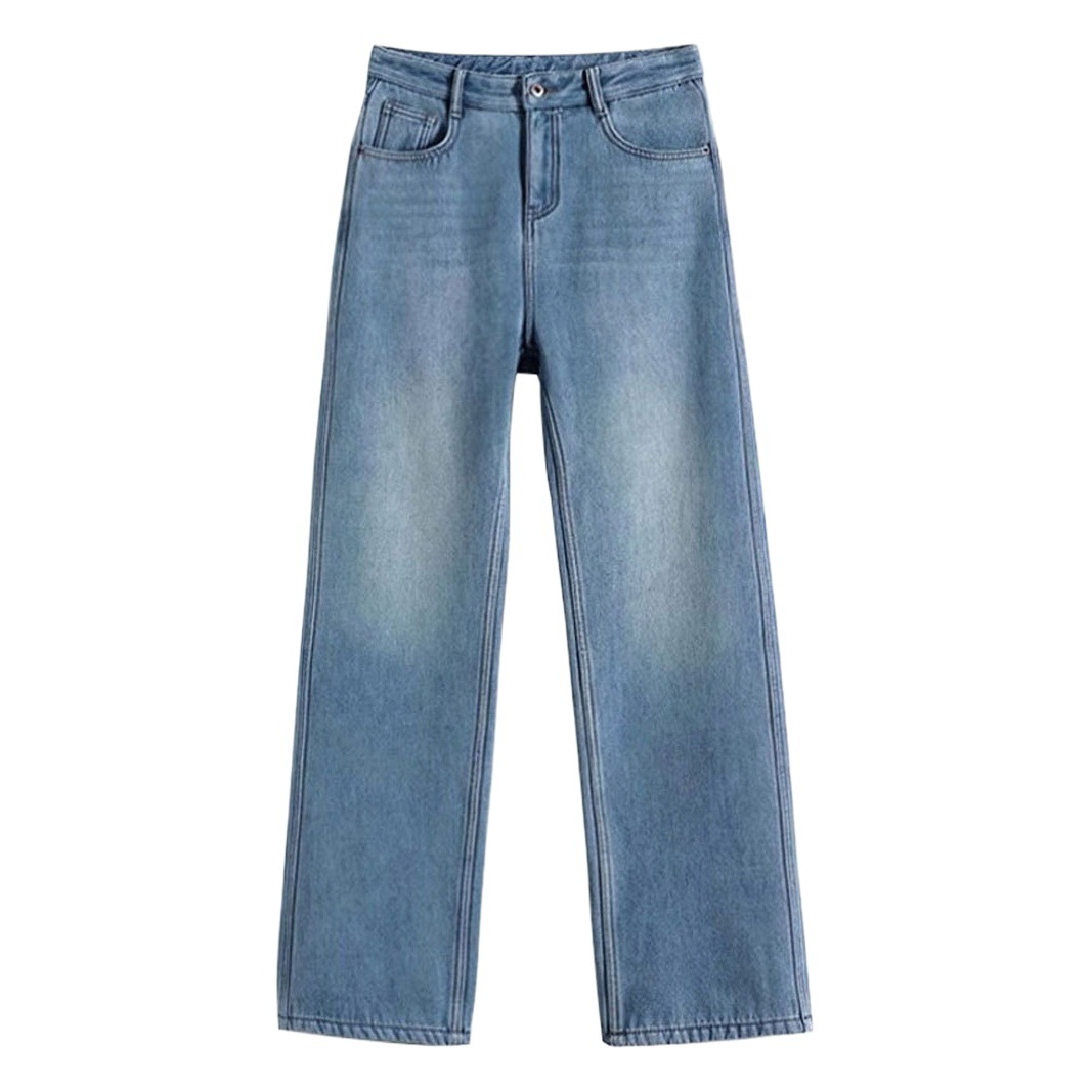 fleece-lined Warm Straight Leg Jeans Women's Autumn and Winter New American Style Thickened High Waist Narrow Wide Leg Pants Floor Trousers