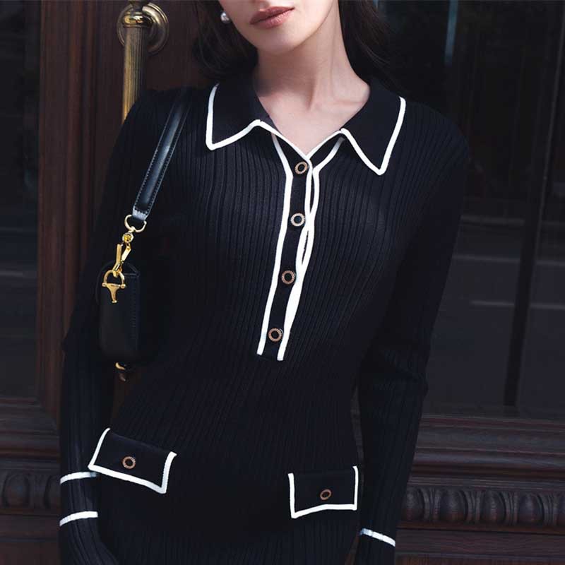 Picture of European and American Light Luxury Ruffled Knitted dress New Autumn Mid-length Dress Lapel Trumpet Sleeve Tight Sweater Dress