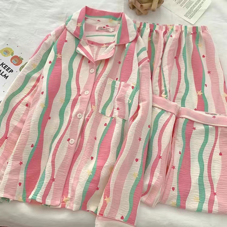 Picture of Online Celebrity Live Dopamine Color Striped Long Sleeve Pajamas Women's Loose Bubble Wrinkle Cute Cross-border suit Foreign Trade