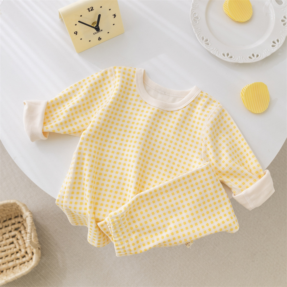 Picture of ins Plaid children's home wear underwear suit boys and girls baby bottoming clothes children's autumn clothes long pants suit