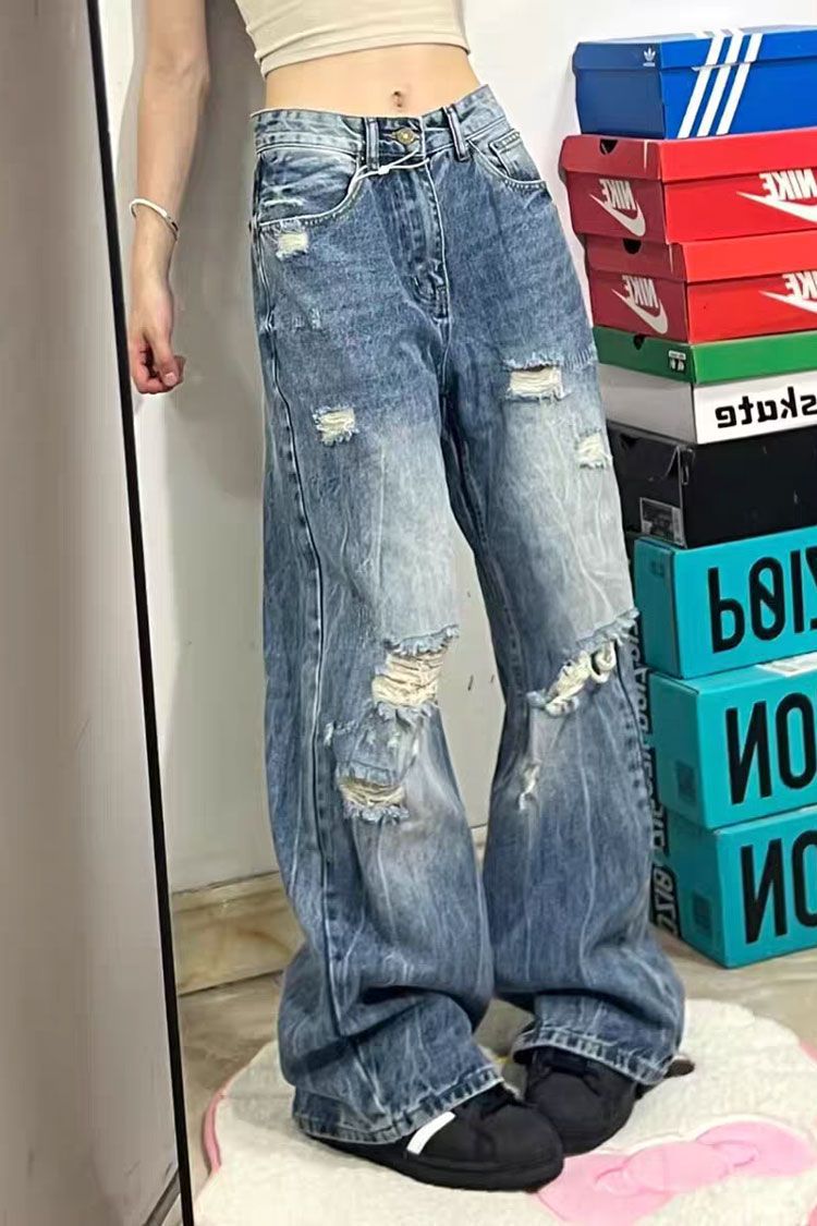 Picture of Ripped plus-size wide-leg jeans women's American summer new loose and versatile fashion high-waisted floor-length straight trousers