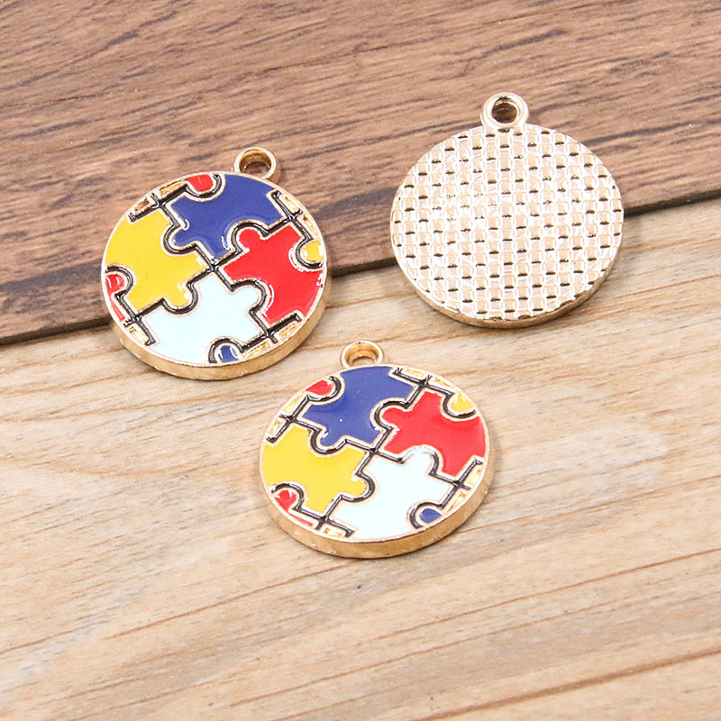 Picture of 8 Styles, 2 Colors DIY Alloy Jewelry Contrasting Color Puzzle Autism Pendant Round Heart Puzzle Asymmetrical Pendant