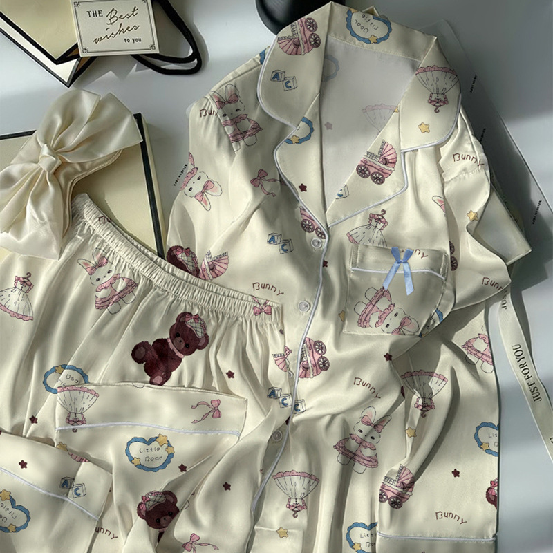 Picture of Ice Silk Pajamas Women's Spring and Autumn New Girly Cartoon Printed Long Sleeve Silk Thin Home Clothes Real Shot Wholesale