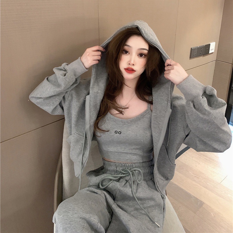 Picture of 2025 Early Spring Hong Kong Style New Leisure Sports suit Women's Trousers Zipper Sweatshirt Jacket Women's Sling Three-Piece Trendy