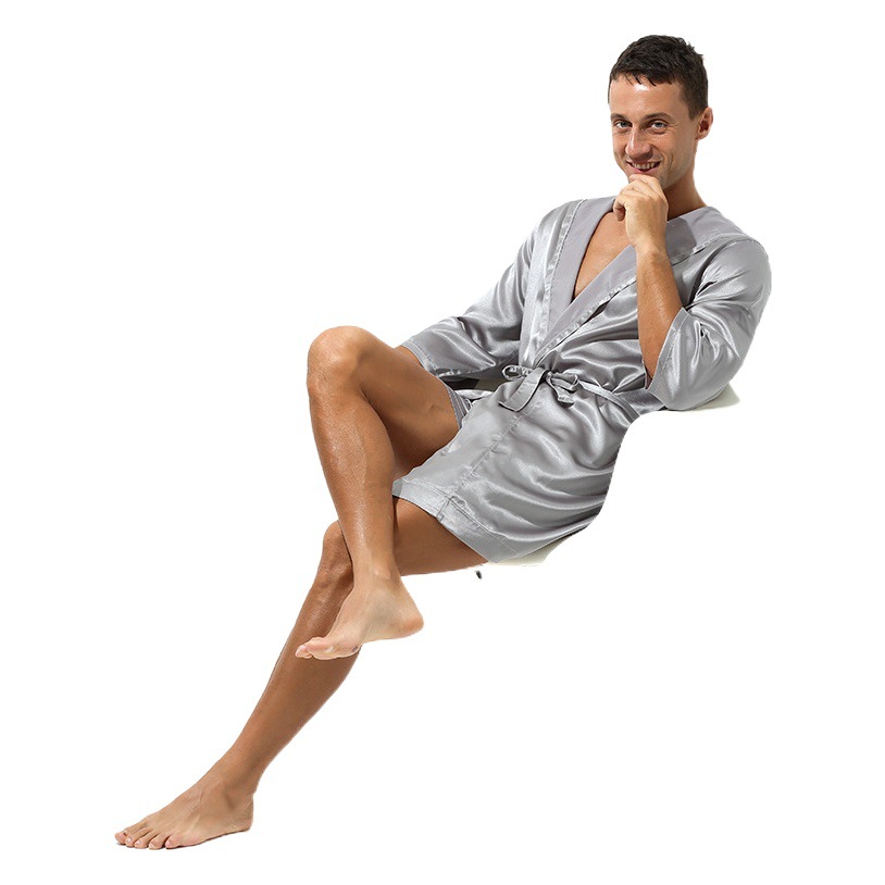 Van Kaz Couple Bathrobe Solid Color Thin Sexy Short-sleeved Simple Loose Bathrobe Large Size Lace-up Pajamas for Men and Women