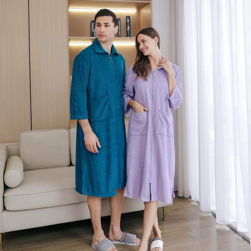 Picture of Amazon New Towel Material Bath Dress Naked Wear Men's Nightgown Mid-length Spring and Summer Pajamas Women's Loose Plus Size Bathrobe