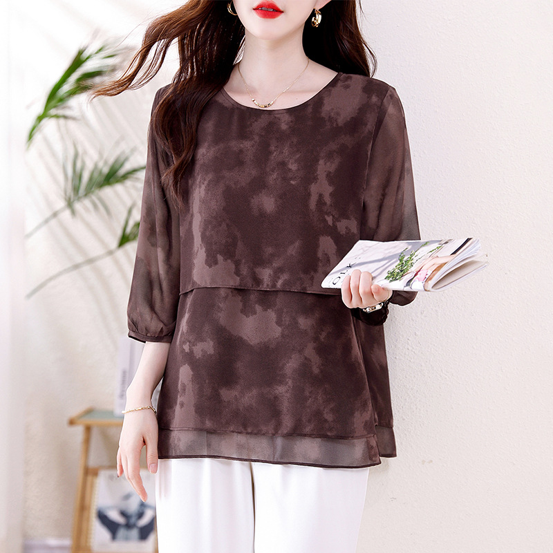 Picture of 2025 Summer New Loose Round Neck plus size Stitching Belly-Covering Slimming Western Style Seven-Sleeve Chiffon Top Small Shirt