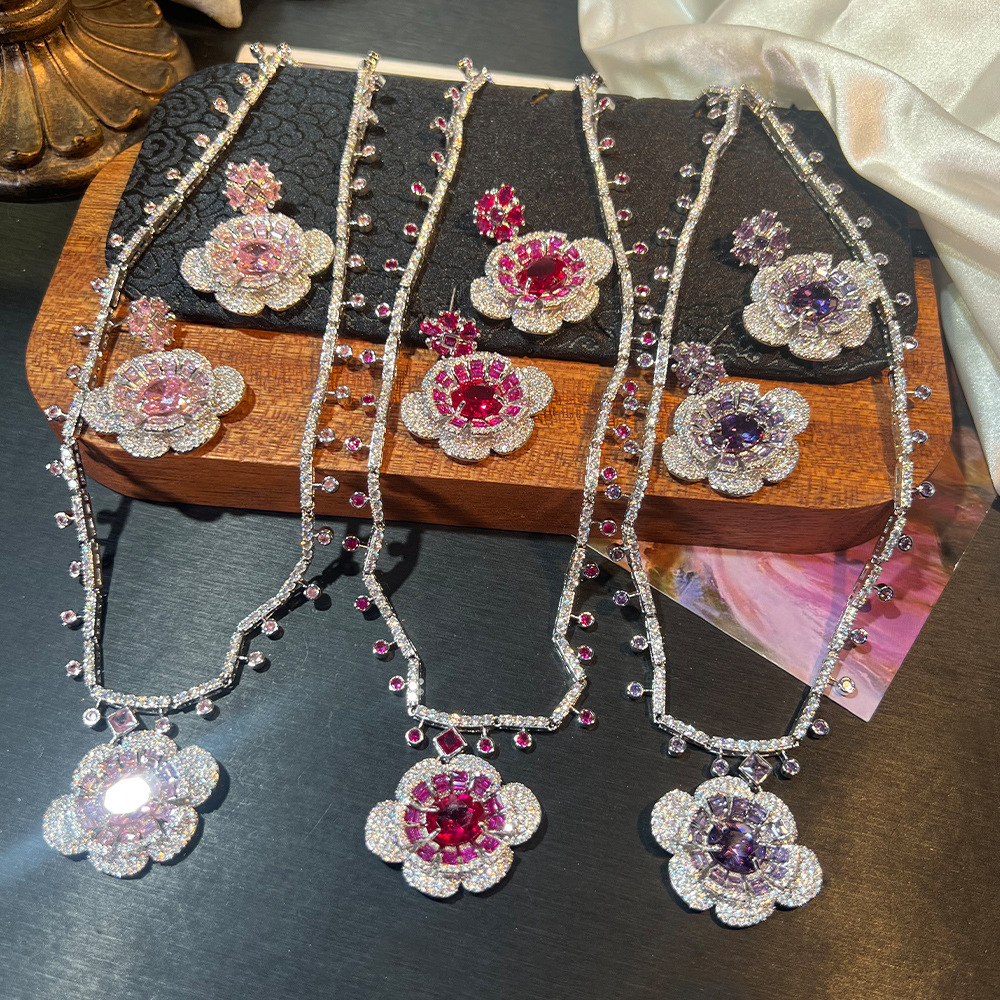 Padparadscha Flower Jewelry Set Heavy Craftsmanship High Carbon Full Zirconium Cross-Border European and American Fashion High-End Necklace Earrings