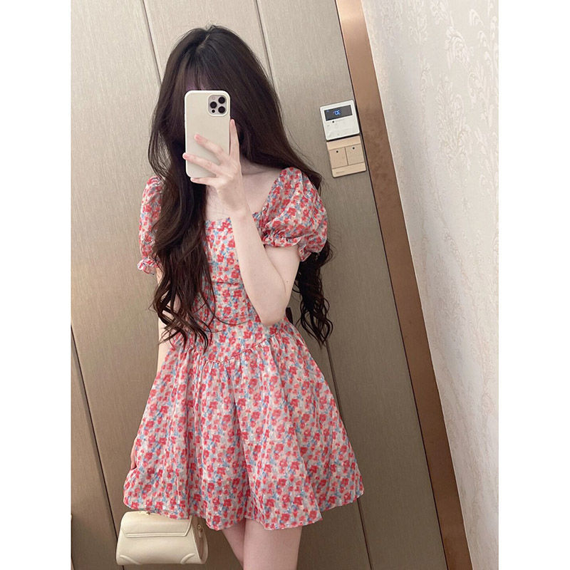 2025 New Style Small French Chic Waist Square Neck Floral Dress Women's Summer Design Niche