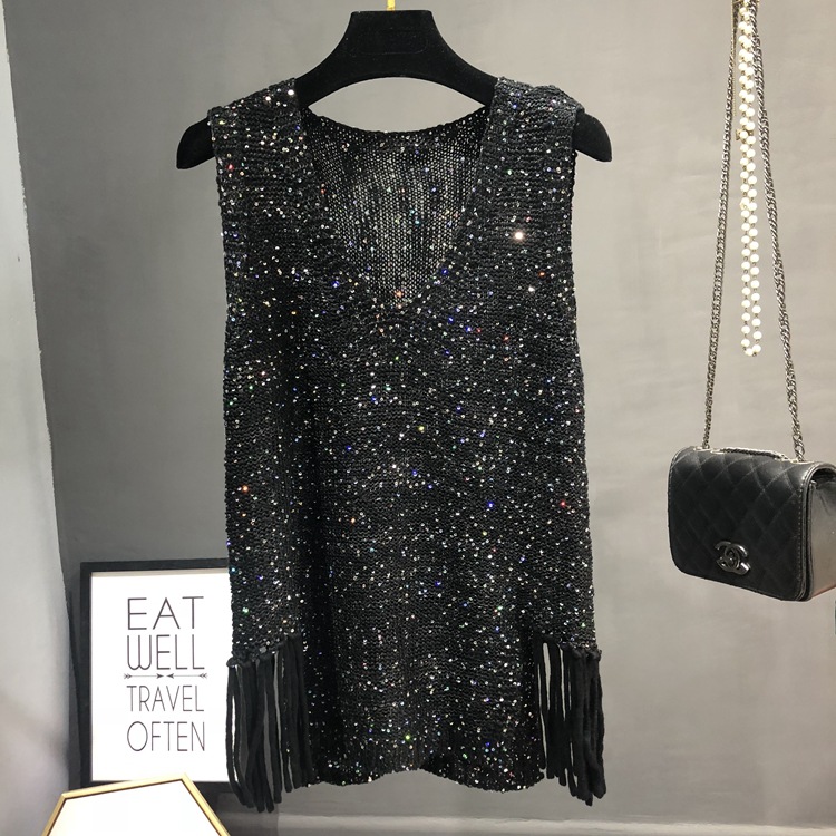 Picture of Spring and Autumn New All-match Hollow-out Knitted Sequin Vest Loose Sleeveless bingbing Internet Popular Ins Top