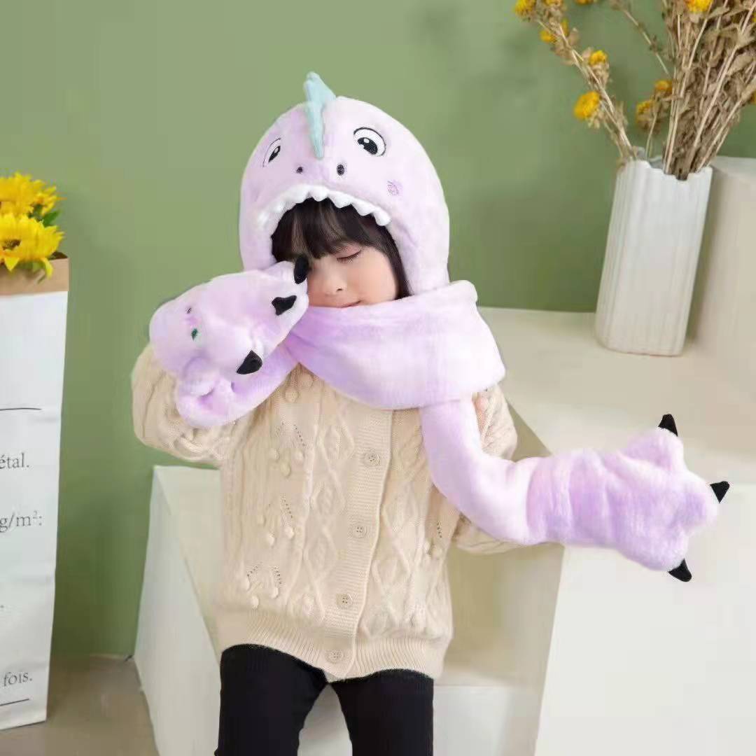 Picture of Children's winter hat scarf all-in-one Boys and Girls baby cute dinosaur warm plush padded gloves three-piece set