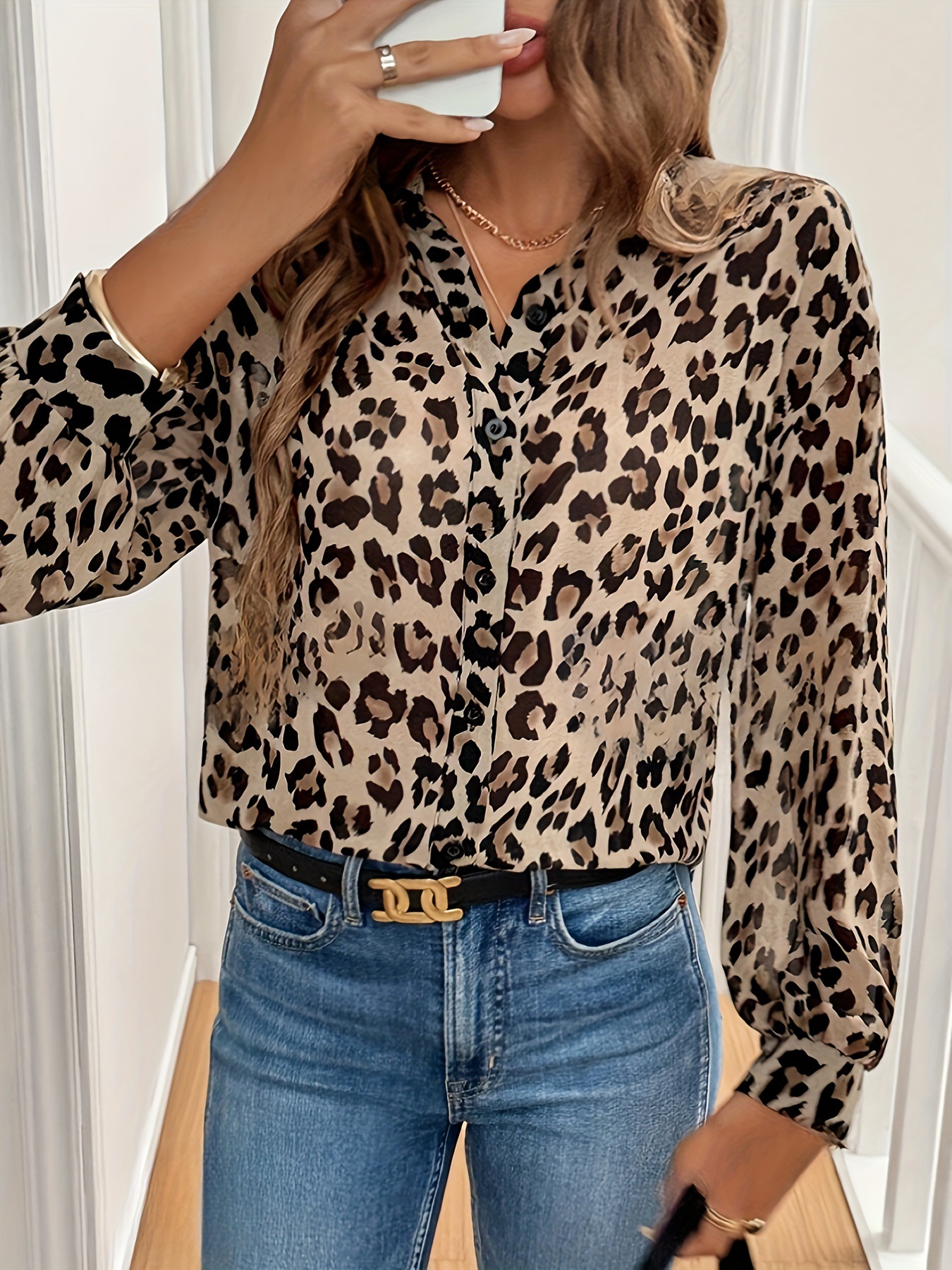 Picture of European and American Cross-Border Amazon New Elegant Leopard Print Long-Sleeved Loose Shirt Top