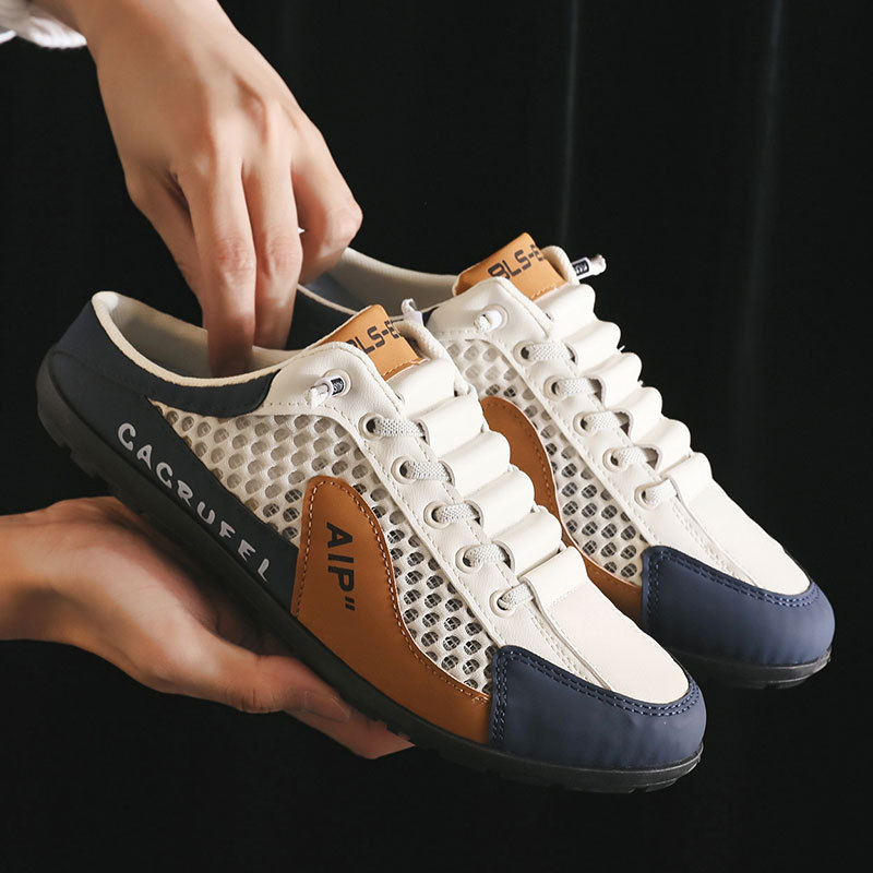 New Men's Shoes Summer Coarse Mesh Cool Breathable Casual Shoes Leather Stitching Fashion All-match Heel-free Mesh Shoes
