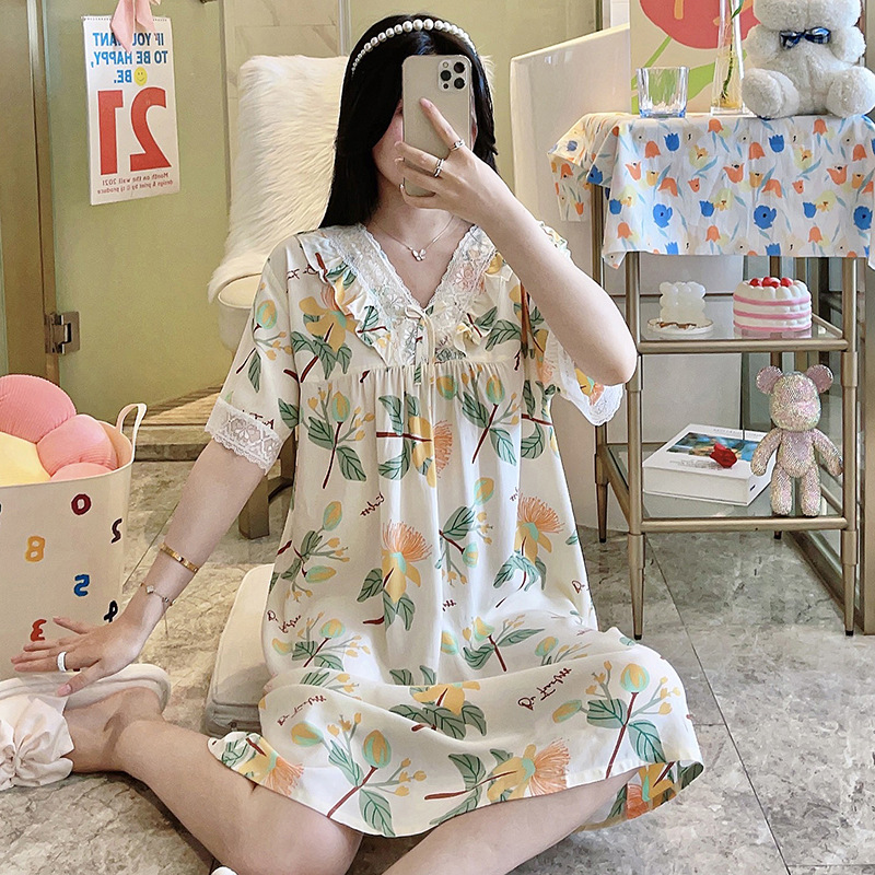 Cotton Silk Nightdress Women's Summer Thin Lace Short Sleeve Loose Artificial Cotton Dress Sweet Pajamas Outer Wear Home Clothes