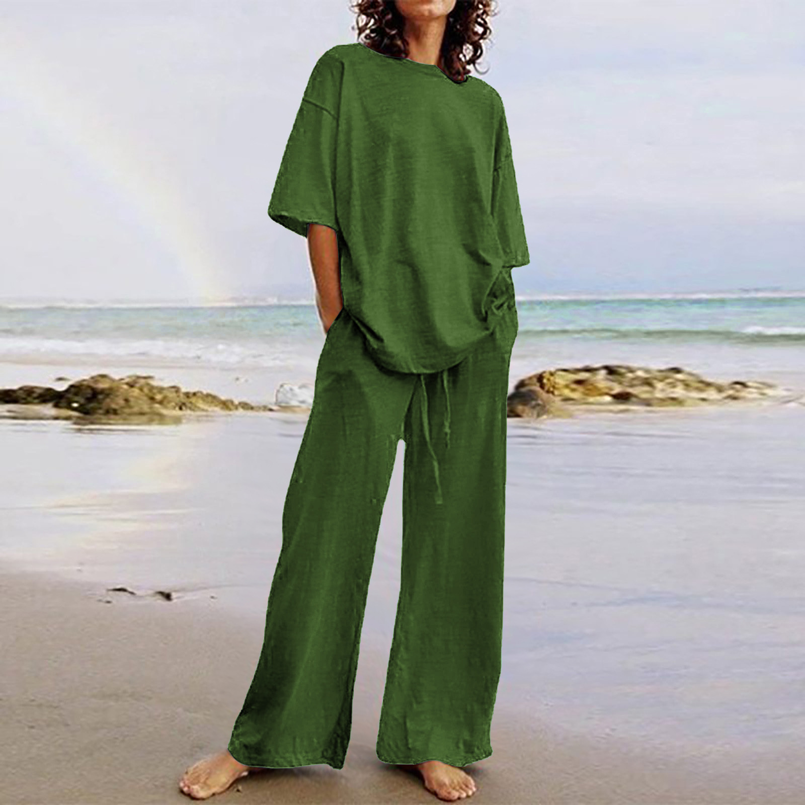 Fashionable Women's 2-Piece Set 2023 Summer Casual Belt Flap Pocket Pants Suit Half-Sleeved O-Neck Top and Wide-Leg Pants Suit