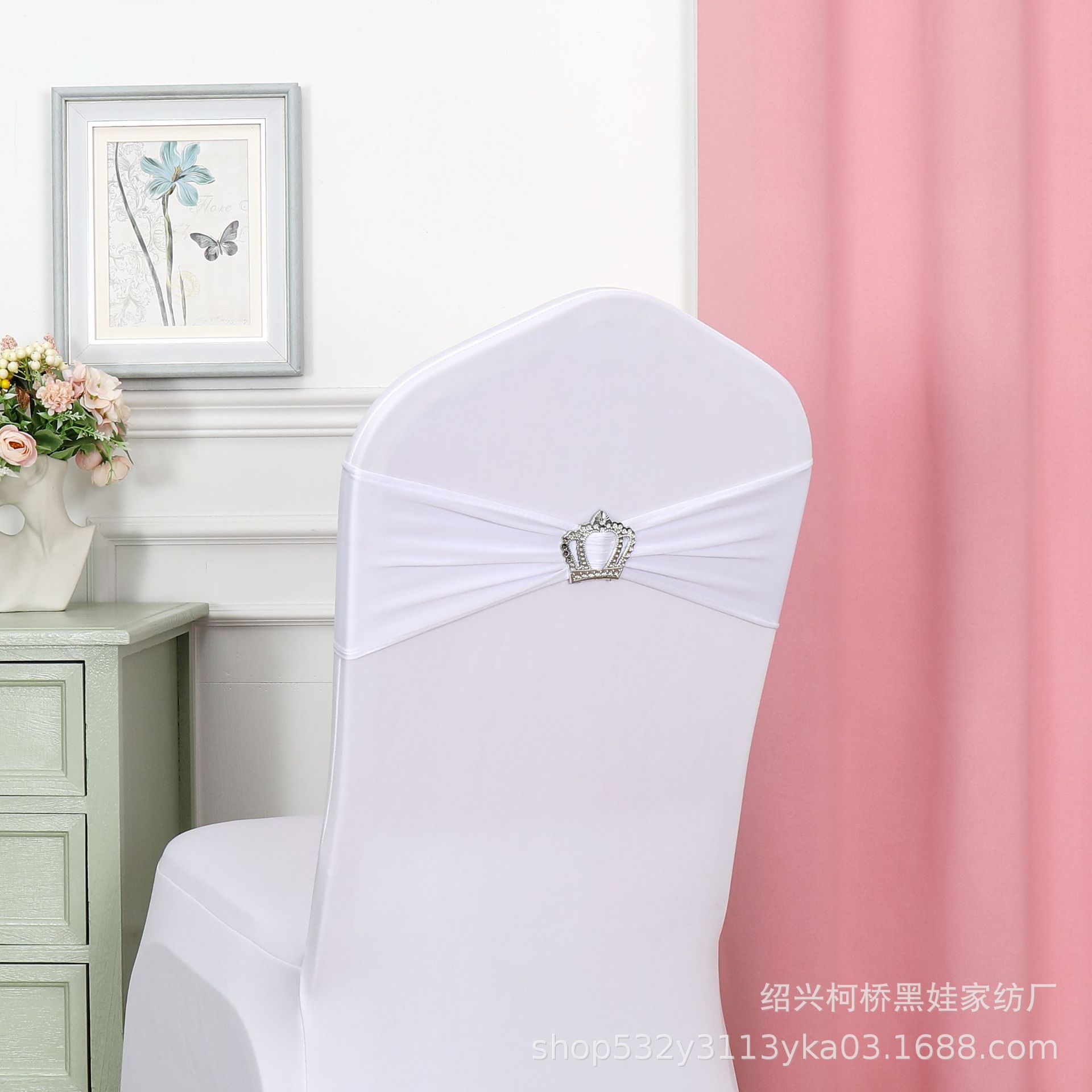 Picture of Chair Back Flower Bow Crown Diamond Buckle Elastic Banquet Chair Set Decoration Free Wedding Strap Ribbon Wedding Ribbon