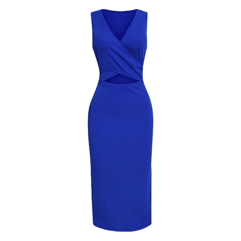 Amazon Export European and American New Summer Sexy V Neck Pure Color Elegant Fashionable Belly-Revealing Sleeveless Hip-Hugging Dress