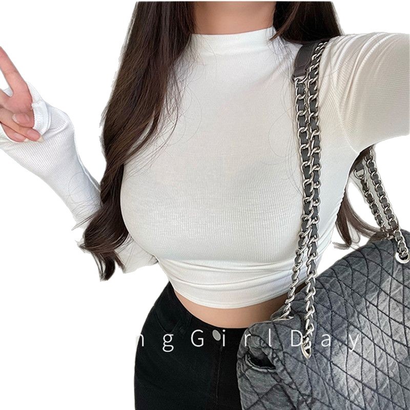 Picture of Spicy Girl retro tight waist slimming bottoming shirt early spring new half turtleneck pleated short long sleeve inner wear