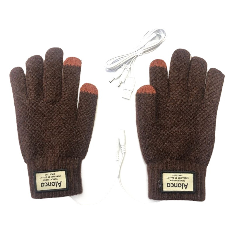 Cross-border e-commerce source USB warm gloves men's 5-finger knitted touch screen electric gloves outdoor riding warm