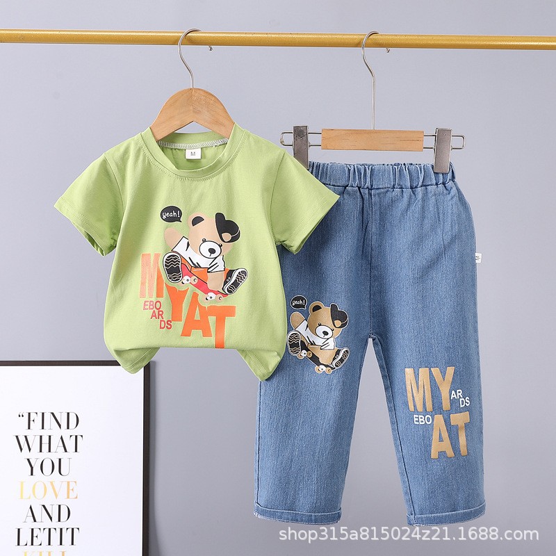 Picture of Summer 2024 new 0-5 years old children's suit cartoon car animal crew neck short sleeve jeans two piece cotton