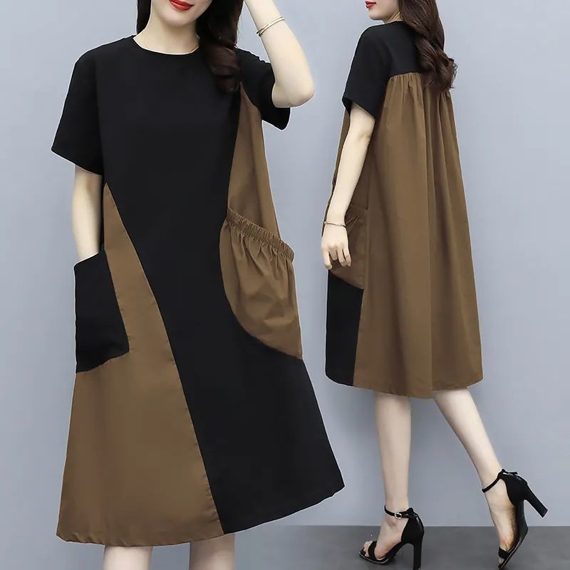 European and American Style Contrast Color Stitching Dress 2021 Summer Women's Mid-length Western Style Large Size Loose Slimming Dress