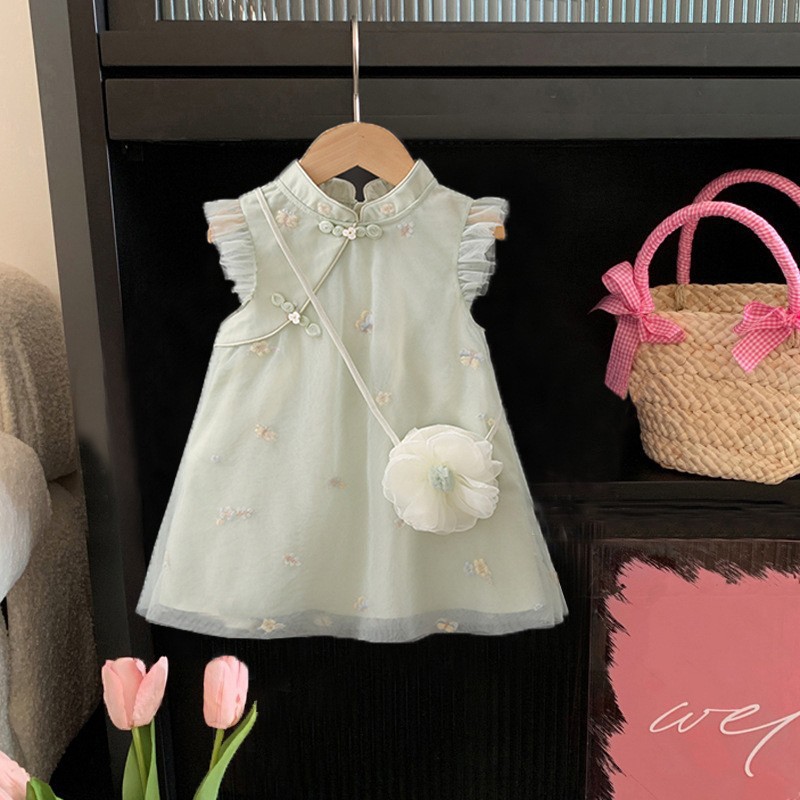 Girls' Chinese Style Dress 2024 New Style Western Style Summer Hanfu Long Dress Cheongsam Children's Skirt Summer Wear Delivery Bag