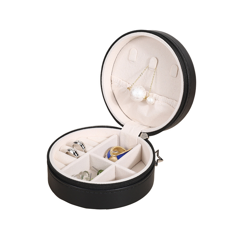 Picture of PU leather round jewelry box portable earrings earrings necklace ring compartment storage box travel jewelry box