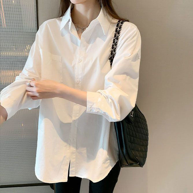Picture of Polo Collar Long-sleeved White Shirt Women's Autumn New Korean Style Loose All-match Casual Elegant Cardigan Top for Outer Wear