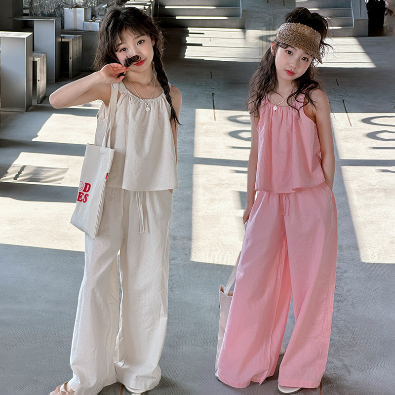 Girls Summer suit Children's Wear New Sling Top Wide Leg Straight Pants Korean Style suit Big Children Thin Two-piece Set