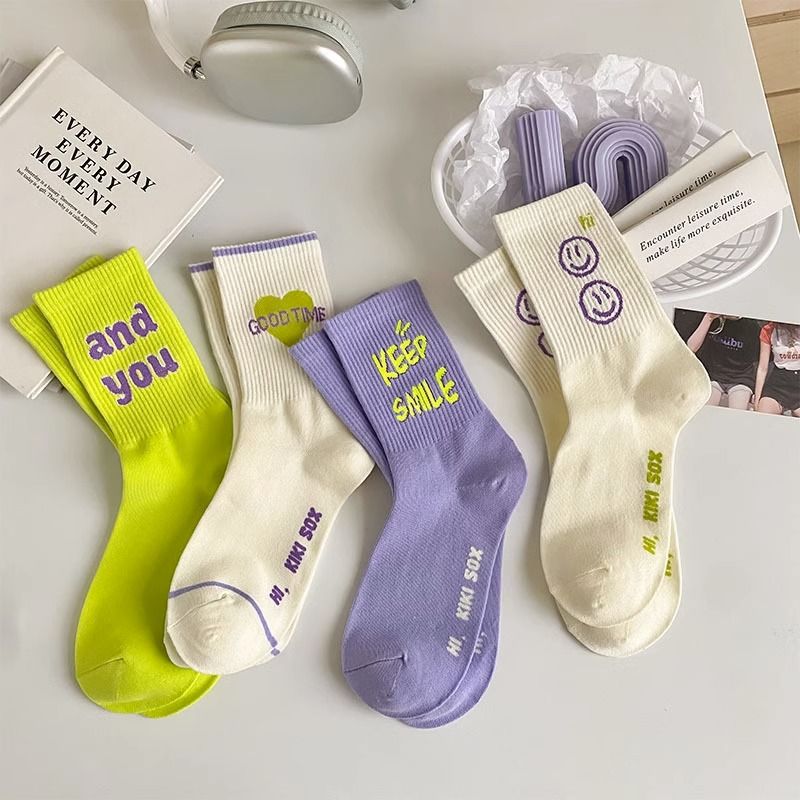 Socks women autumn and winter new high rubber cotton fluorescent green color smiley face ladies trendy tube women's socks in stock wholesale
