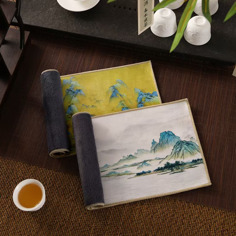 Suede Tea Towel Tea Cloth Tea Table Towel Rag Light Luxury Chinese Style Painted Trendy Antique Absorbent Pot Towel Tea Mat
