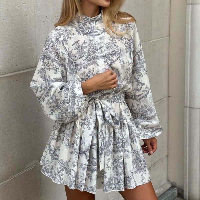 2025 spring independent station new European and beautiful clothing temperament elegant and fashionable long-sleeved lace-up national style printed dress