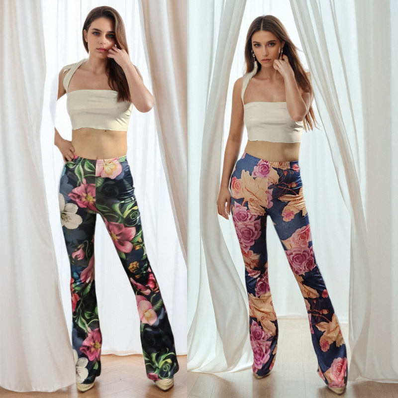 Tiktok Summer New Floral Digital Print Flared Pants Stretch Tight Pants Casual Pants