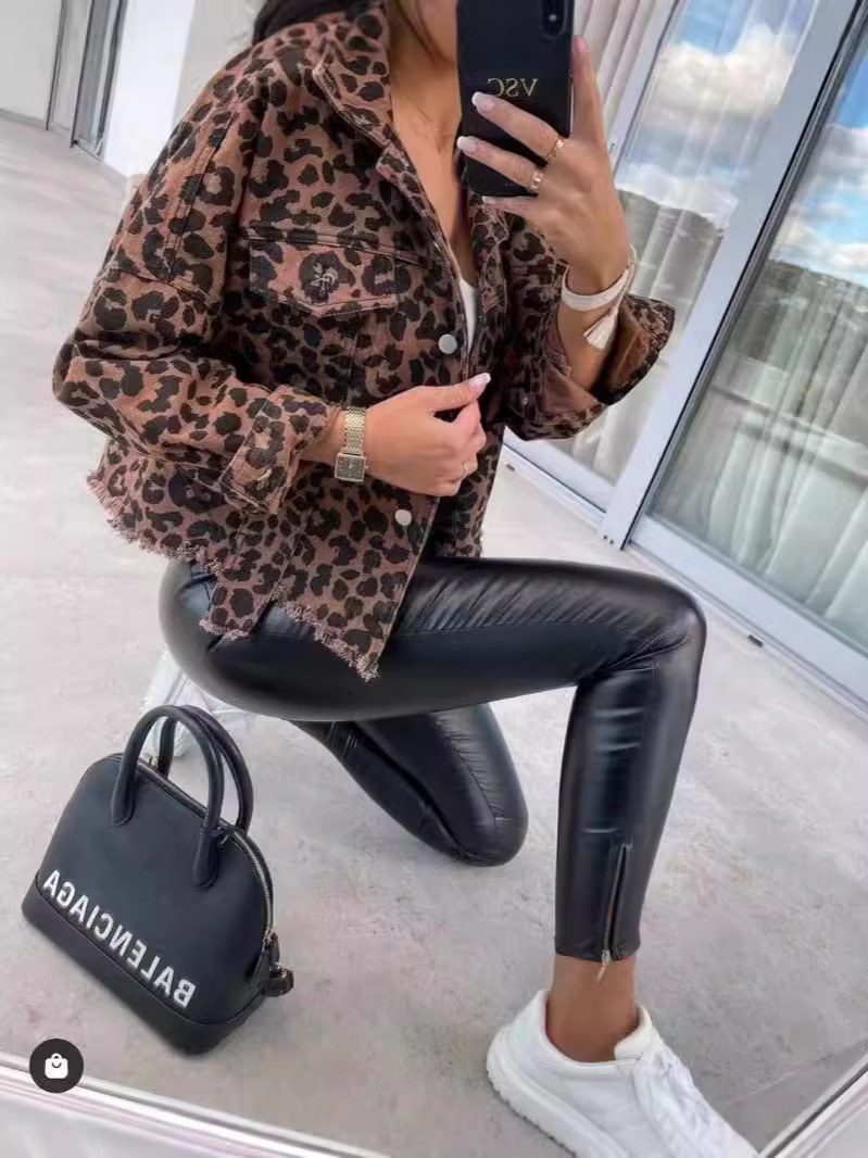 Picture of 2024 Amazon Europe and the United States cross-border explosions tide washed old leopard print fur Denim coat women's jacket