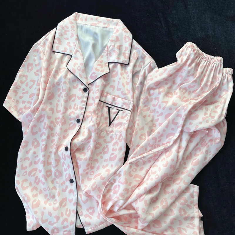 Cross-border new pajamas spring thin can be worn outside ice silk short sleeve trousers net popular leopard print home clothes real shot wholesale
