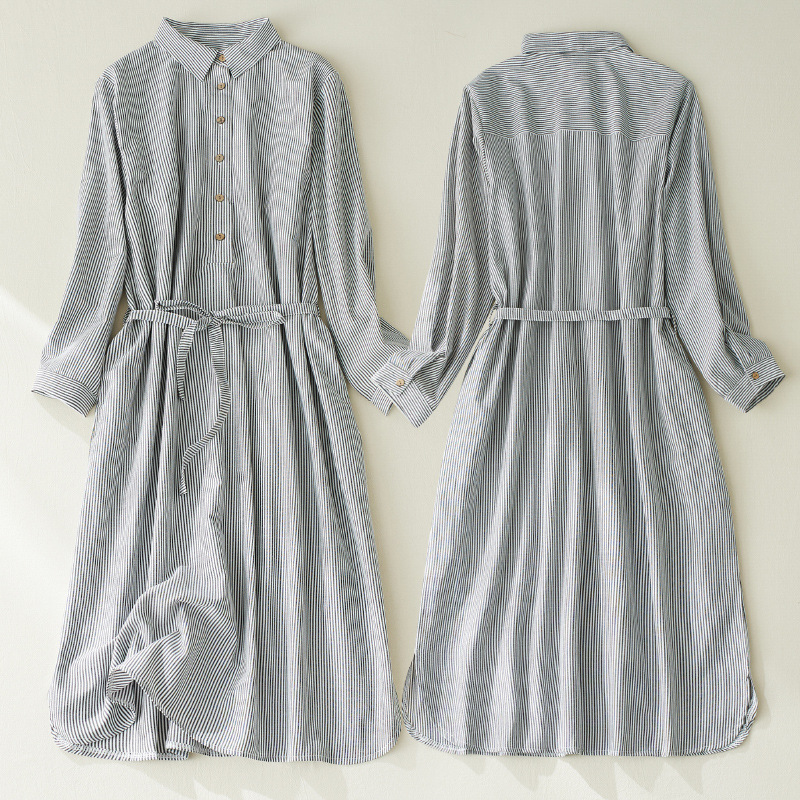 Picture of Real Shot 2022 Autumn Artistic Casual Loose A- Line Large Size Women's Wear Slimming Striped Over-the-knee Shirt Dress
