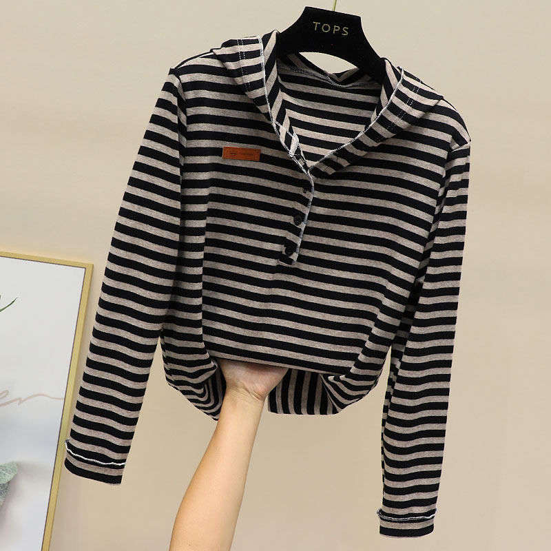 Please Buy It on the Front and Back with Stripess] Pure Cotton Stripesd Short-Sleeved T-Shirt 2024 Loose Hooded T-Shirt Simple