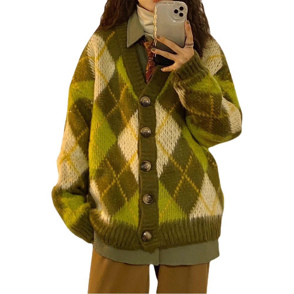 Picture of American retro 2022 new autumn and winter loose green rhombus sweater cardigan coat thickened lazy sweater for women