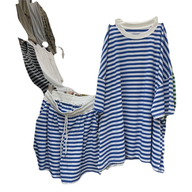 Picture of # Jin College Style Striped Casual Sports Suit Women's Summer Loose Fashion Short-sleeved Shirt Shorts Two-piece Set