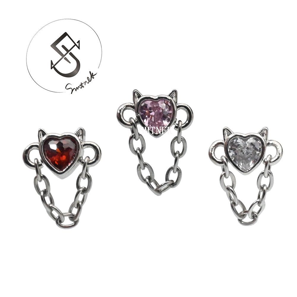 SMTNEK copper material multicolor love zircon inlay chain retro devil head lip studs earrings piercing jewelry